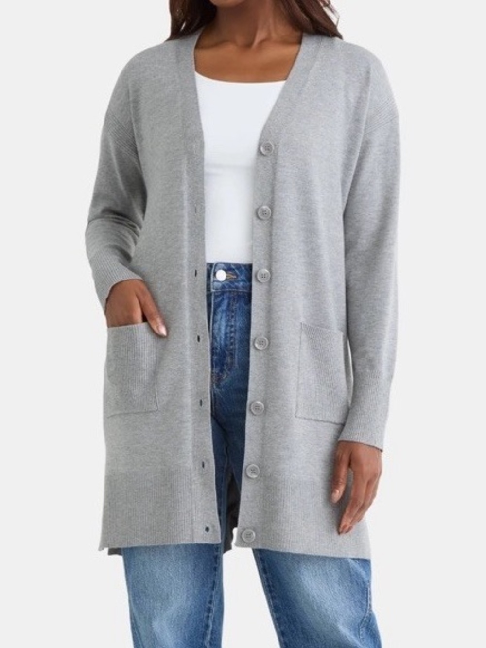 COS 100% Wool Grey Longline Cardigan Size Medium Lightweight Button-Front Fall